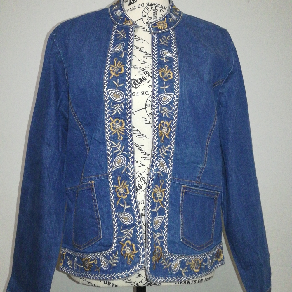 Monterey Bay Denim Cardigan Coat Embroidered Single Stitch Size 16 Blue